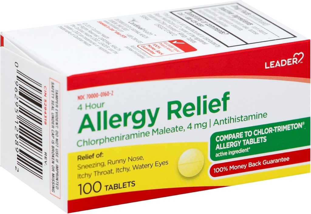 Leader 4 ore Allergy Relief, Chlorpheniramine Maleate 4 mg compresse, Relief rapido per starnutire, Runny Nose, Itchy Eyes, Allergies, 100 compresse
