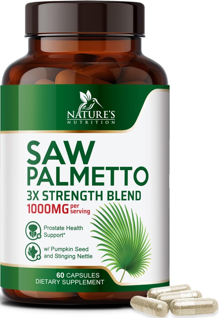 Saw Palmetto per gli uomini 1000MG - 3X Strength Prostate Health Supplement - Integratore di Estratto di erbe - Integratori di prostata per il supporto sanitario degli uomini, Prostate Urinary & Hair Health Support - 60 capsule