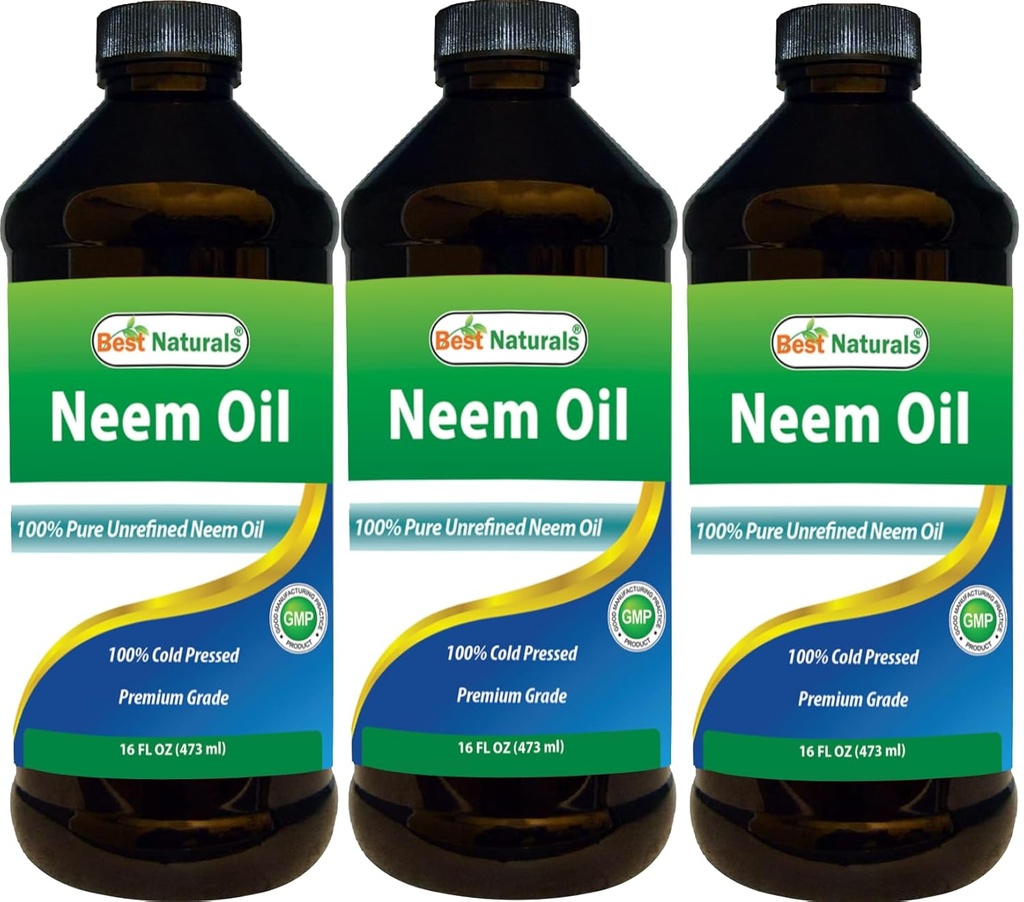 Best Naturals 100% Pure Neem Oil, 100% Cold Pressed e Unrefined - 16 OZ (3 bottiglie)