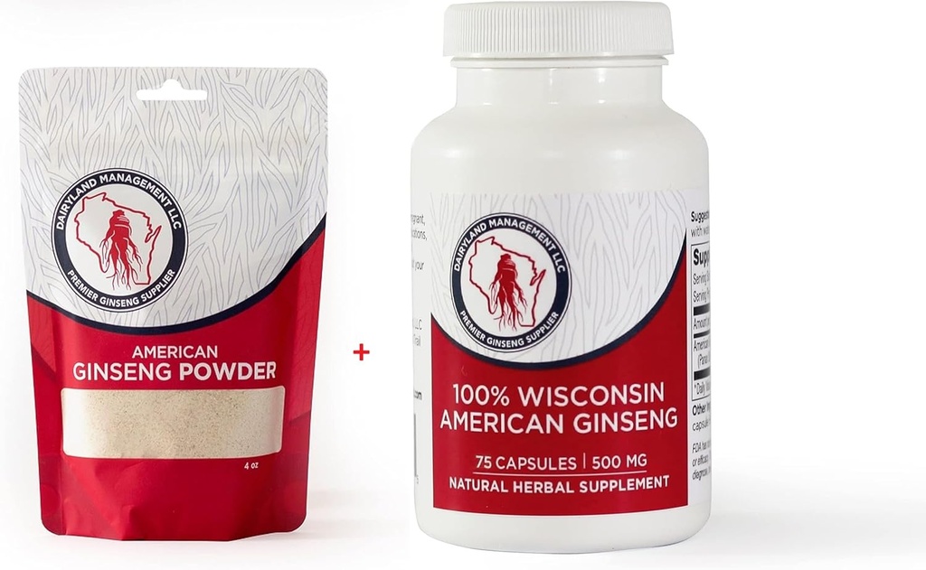 Dairyland American Ginseng Powder 4 oz e Capsule 75 ct Pack di Wisconsin Ginseng – Direttamente dal Farmer al Consumatore