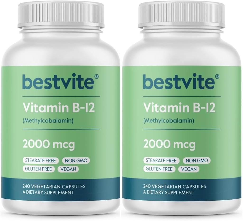 BESTVITE Vitamina B12 (metilcobalamina) 2000mcg (480 capsule vegetariane)(2 x 240) (metil B12) - No Stearates - Vegan - Non OGM - Gluten Free