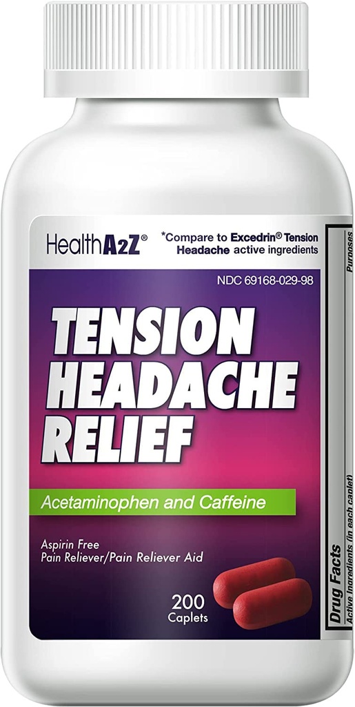 HealthA2Z® Tension Headache Relief | Acetaminophen 500mg | Caffeina 65mg | Pain Reliever Aid | Aspirin Free (200 caplets (Pack of 1))