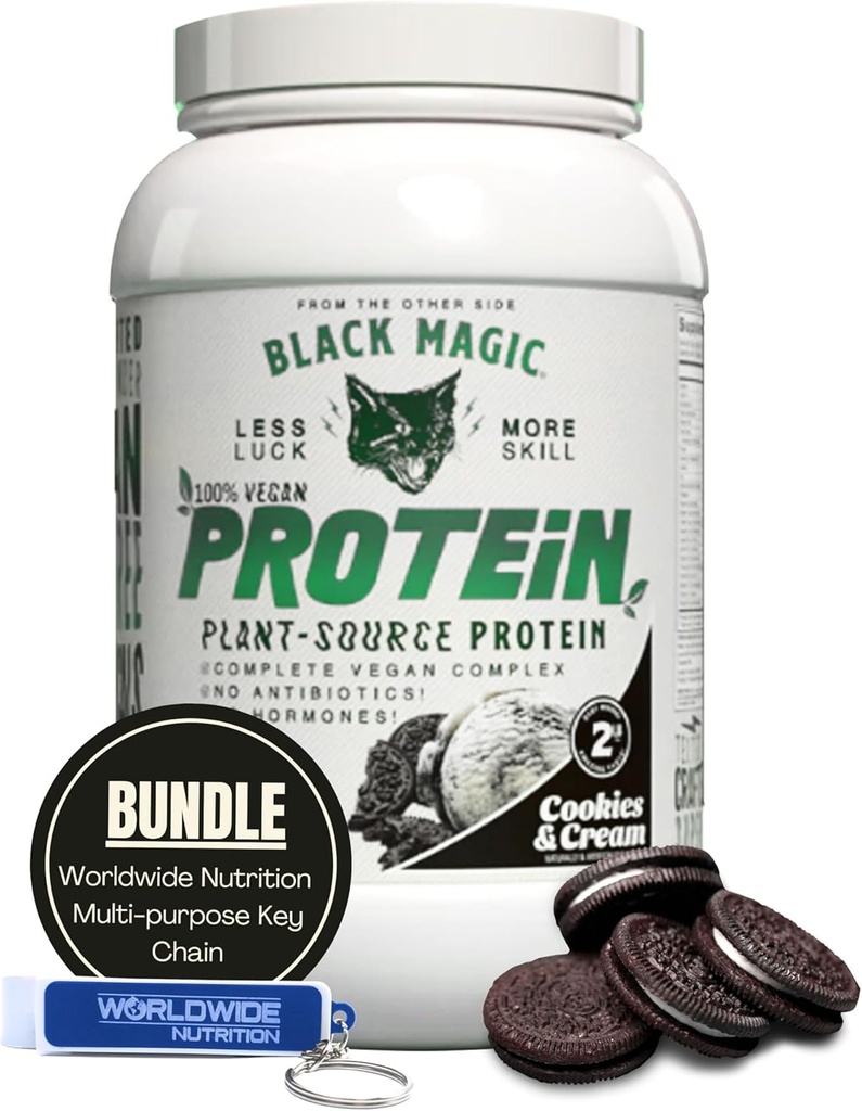 In tutto il mondo Nutrition Bundle Compatibile con polvere proteica Multi-Source Black Magic - Biscotti vegani e crema | Polvere proteica alta, Carbo basso, Basso zucchero | Whey, Egg & Casein Blend - 2 LB con Keychain