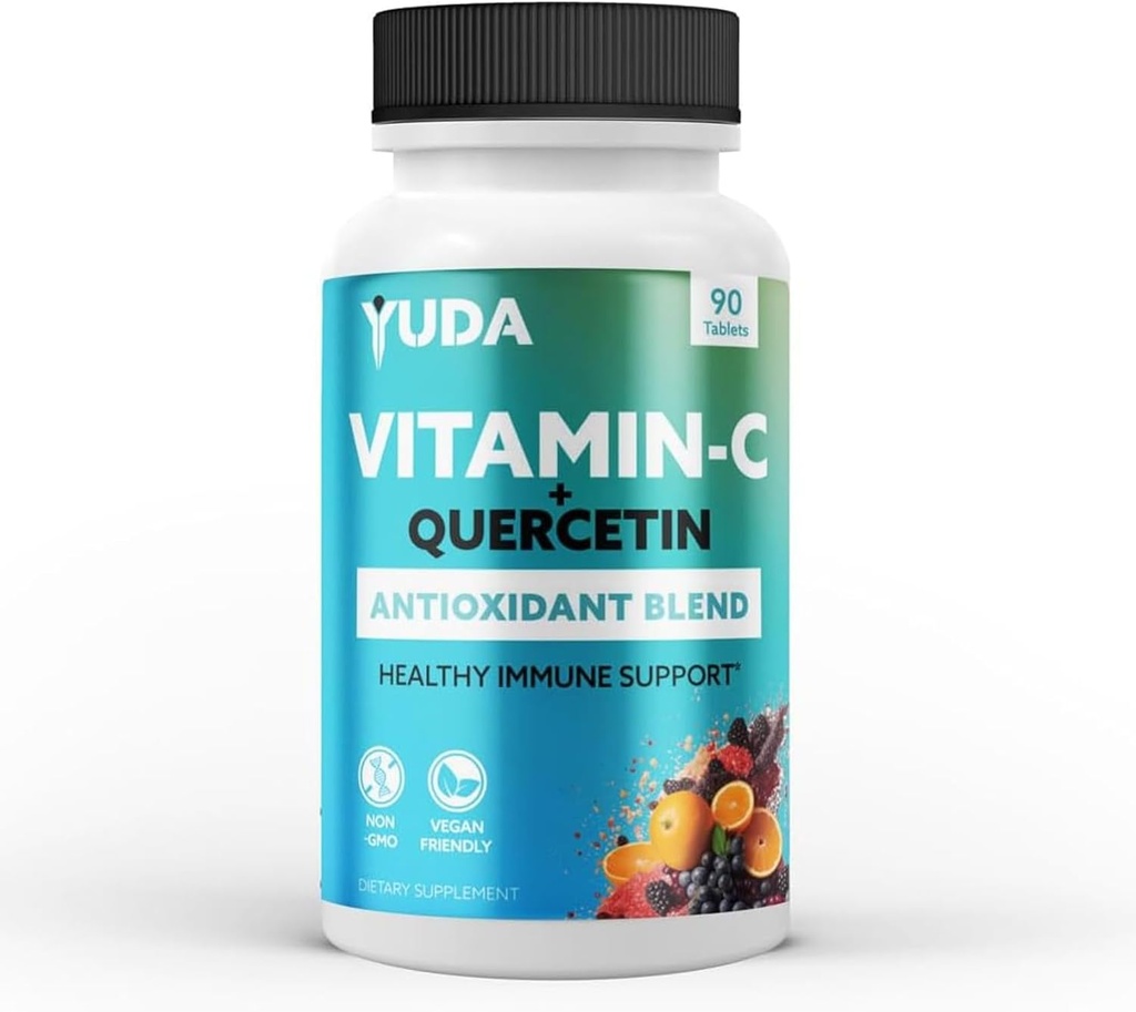 Yuda Quercetin Integratori con Vitamina C 1000mg - Super C Vitamin & Quercitin Formula per il supporto immunitario Arricchito con Elderberry & Rose HIPS - Promuove una risposta immunitaria sana - 90 compresse