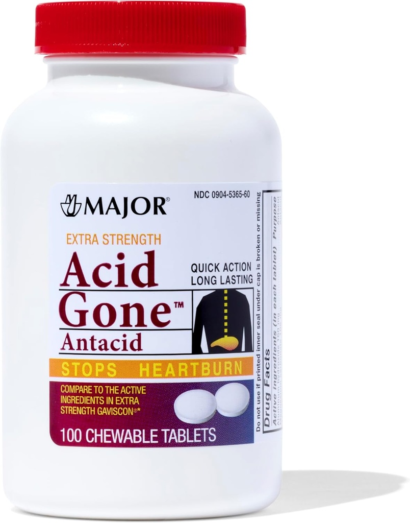 Acido MAJOR Gone Extra Strength Antacid Chewable Tablets - Anti-Acid Relief - Acid Reflux Medicine for Adults - Upset Stomach, Acid Indigestion, and Heartburn Relief - Long-Lasting - 100 Count
