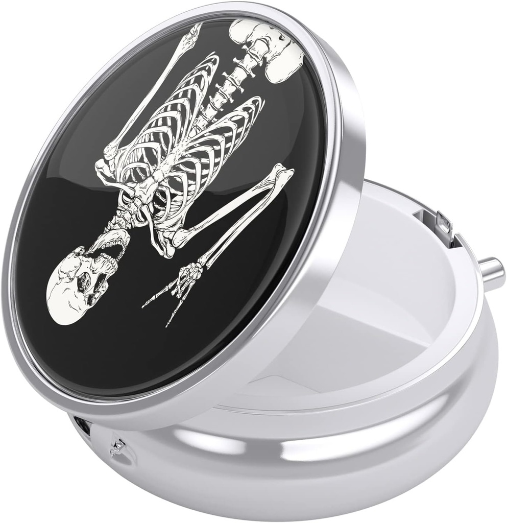 Nipichsha Pill Box, Small Pill Case for Purse & Pocket, Cute Travel Medicine Organizer, Portable Medicine Container Holder to Holding Vitamins, Medication, Fish Oil & Supplement, Human Skeleton
