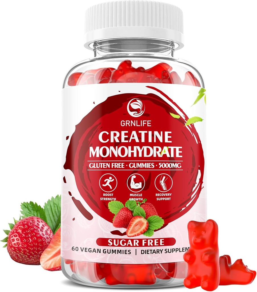 Creatina Monoidrato Gummies per uomini e donne, Masticabili Creatina Monoidrato per la forza muscolare, Muscle Builder, Energy Boost, Sugar Free, Vegan, Strawberry Flavor-60 Count