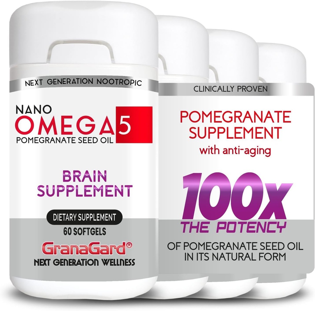 CLINICALLY Proven (4-mese di alimentazione) Integratori del cervello con Anti invecchiamento, Pillole di memoria, Omega 5 Pomegranate supplemento, 4 bottiglie 60ct ogni