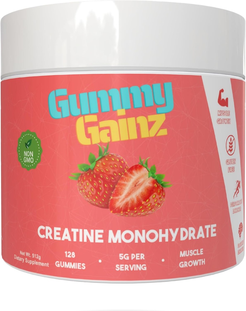 Creatina Monohydrate Gummies Muscle Strength Builder guadagno più veloce recupero 5000mg per uomini e donne Boost Energy Pre-allenamento Chewables supplemento 128ct (Regular, fragola)