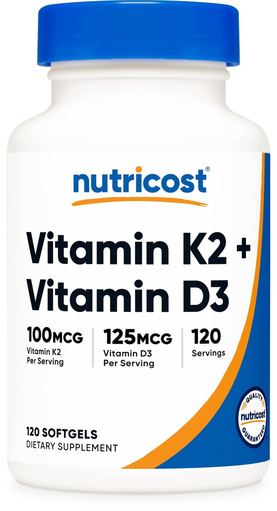 Nutricost Vitamina D3 + K2 (5000 IU D3 / 100mcg MK7), 120 Softgels – Senza glutine & Non OGM