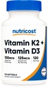 Nutricost Vitamina D3 + K2 (5000 IU D3 / 100mcg MK7), 120 Softgels – Senza glutine & Non OGM