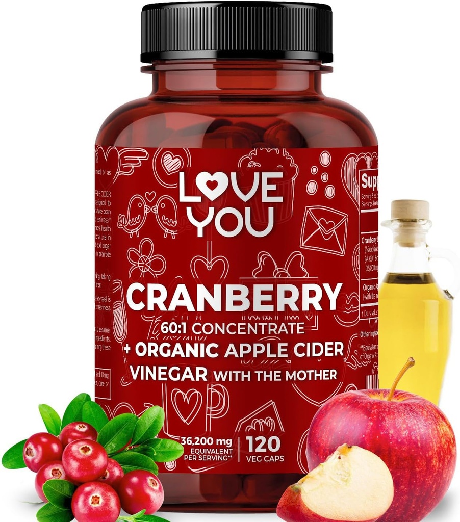 Ti amo estratto di mirtillo 60:1 + Aceto di sidro di mele organico – massima resistenza 36.200 mg Equivalente – 120 capsule vegane – Tratto urinario & supporto digestivo
