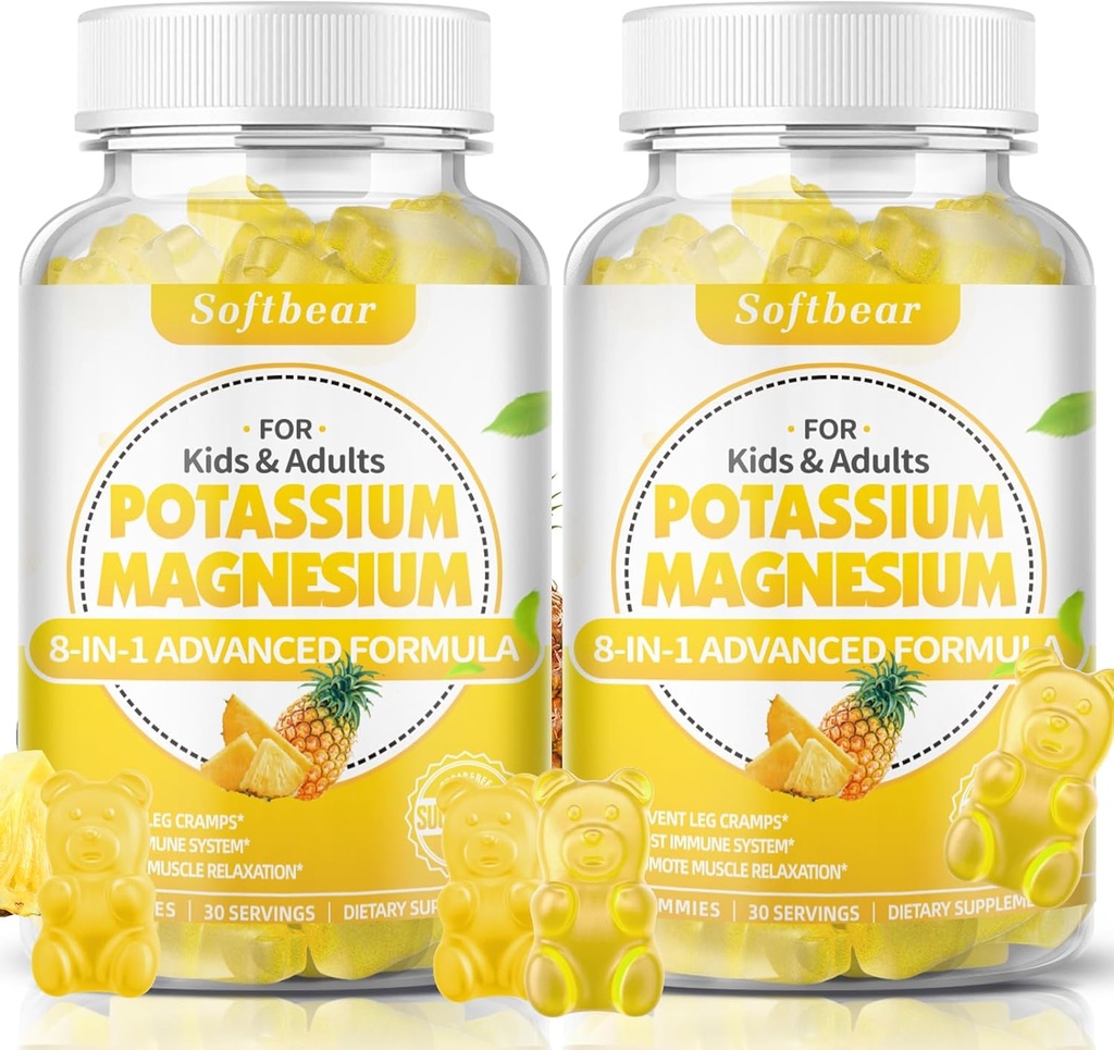 Softbear Potassium Gummies per Adulti, Zucchero-Free Potassium Magnesium Supplemento con vitamina B6 CoQ10 per Crampe Muscoli Vegan Ananas Flavor 120 Gummies