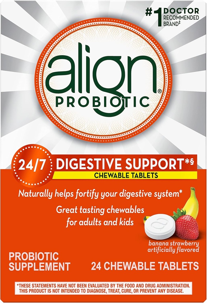 Allineare Probiotici, Chewable Probiotic Tablets per le donne e gli uomini, Fortify Your Digestive System 24/7 con Bacteria sana, #1 Probiotico Raccomandato da Medici e Gastroenterologi, 24 compresse