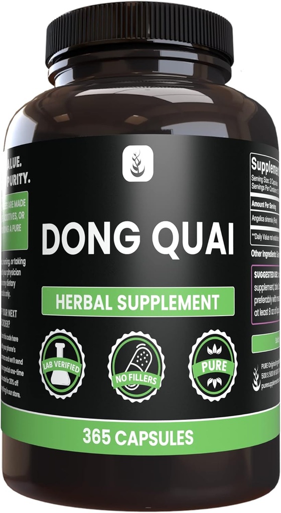 PURE ORIGINAL INGREDIENTI Dong Quai, (365 capsule), nessun filler di magnesio o di riso, sempre puro, verificato il laboratorio