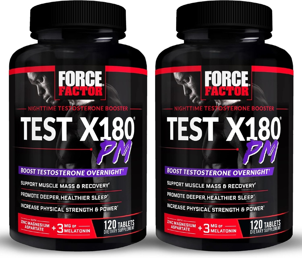 FORCE FACTOR Test X180 PM, 2-Pack, Testosterone Booster per gli uomini, supplemento di testosterone di notte per costruire il muscolo, aumentare la resistenza e promuovere più profondo, sonno più sano e recupero, 240 compresse