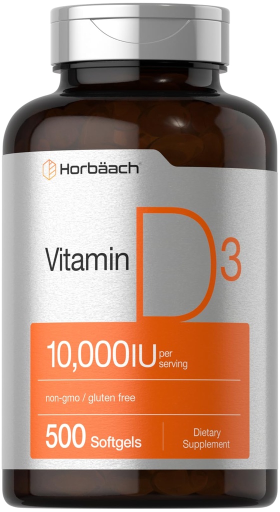 Horbäach Vitamin D3 10000 IU | 500 Softgels | Non OGM, Gluten Free Supplement | Value Size | 250mcg | Formula ad alta potenza