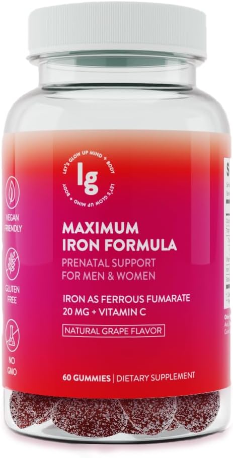 Iron Gummies – 20 mg di ferro ad alto assorbimento + vitamina C, B12 & Folate – Vegan, Non-GMO, Gluten-Free – Energy & Anemia Support – 60 Ct