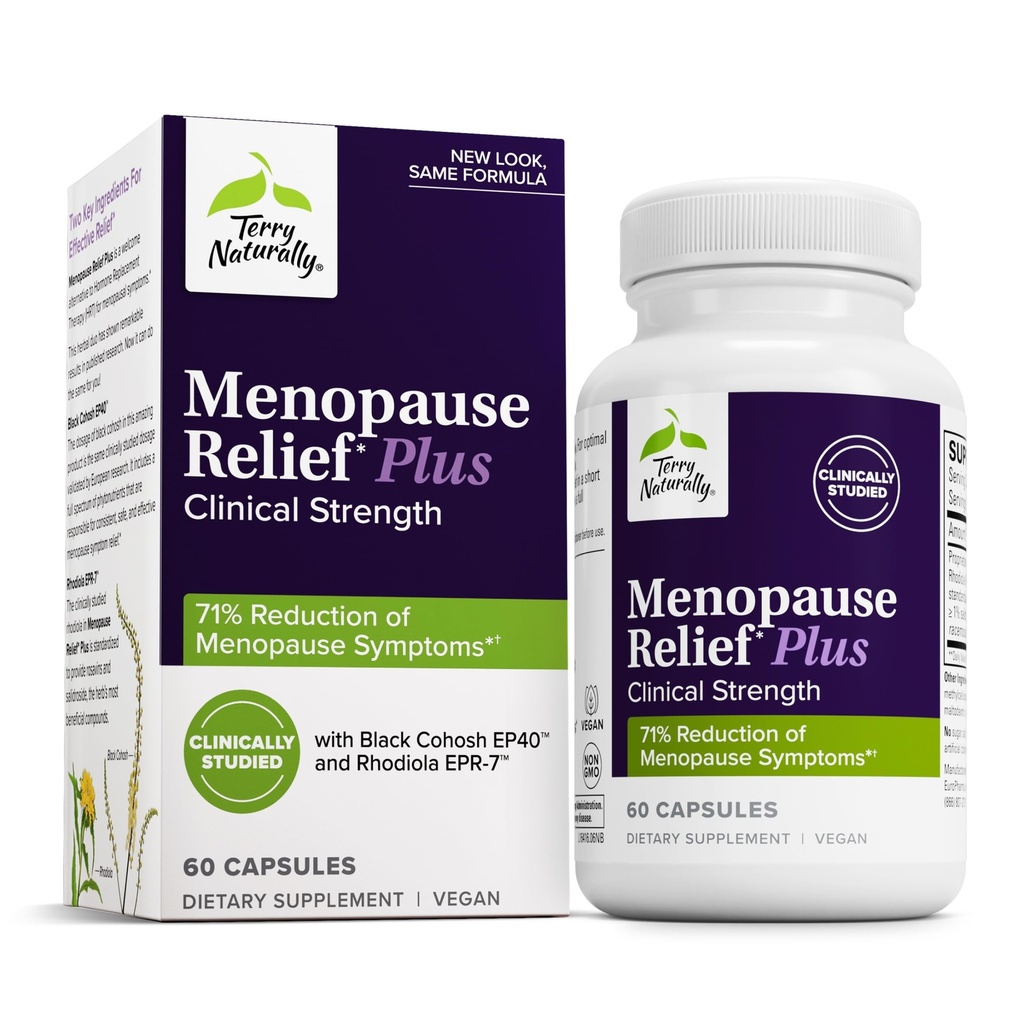 Terry Naturally Menopause Relief Plus - Menopause Symptom Supplement - Supplemento agli aiuti contro occasionali Tiredness & Night Sweats - Supplemento con Rhodiola & Black Cohosh - 60 Capsule