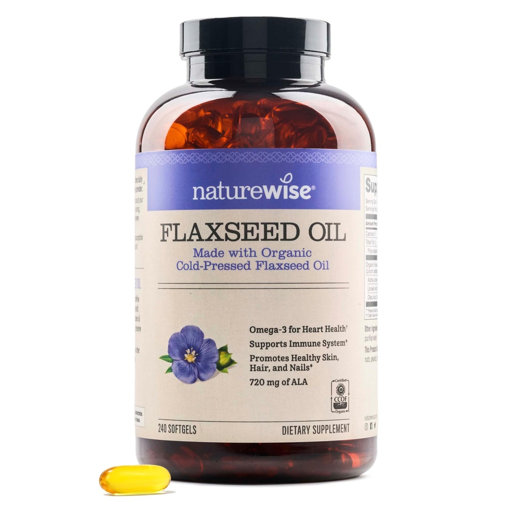 NatureWise Flaxseed Oil 1.242 mg, Fish Free Omega 3 6 9 con 720mg ALA, Integratore alimentare per il supporto per la salute del cuore - Organico, Pressato a freddo, Non OGM - 240 Softgels[8-Month alimentazione]
