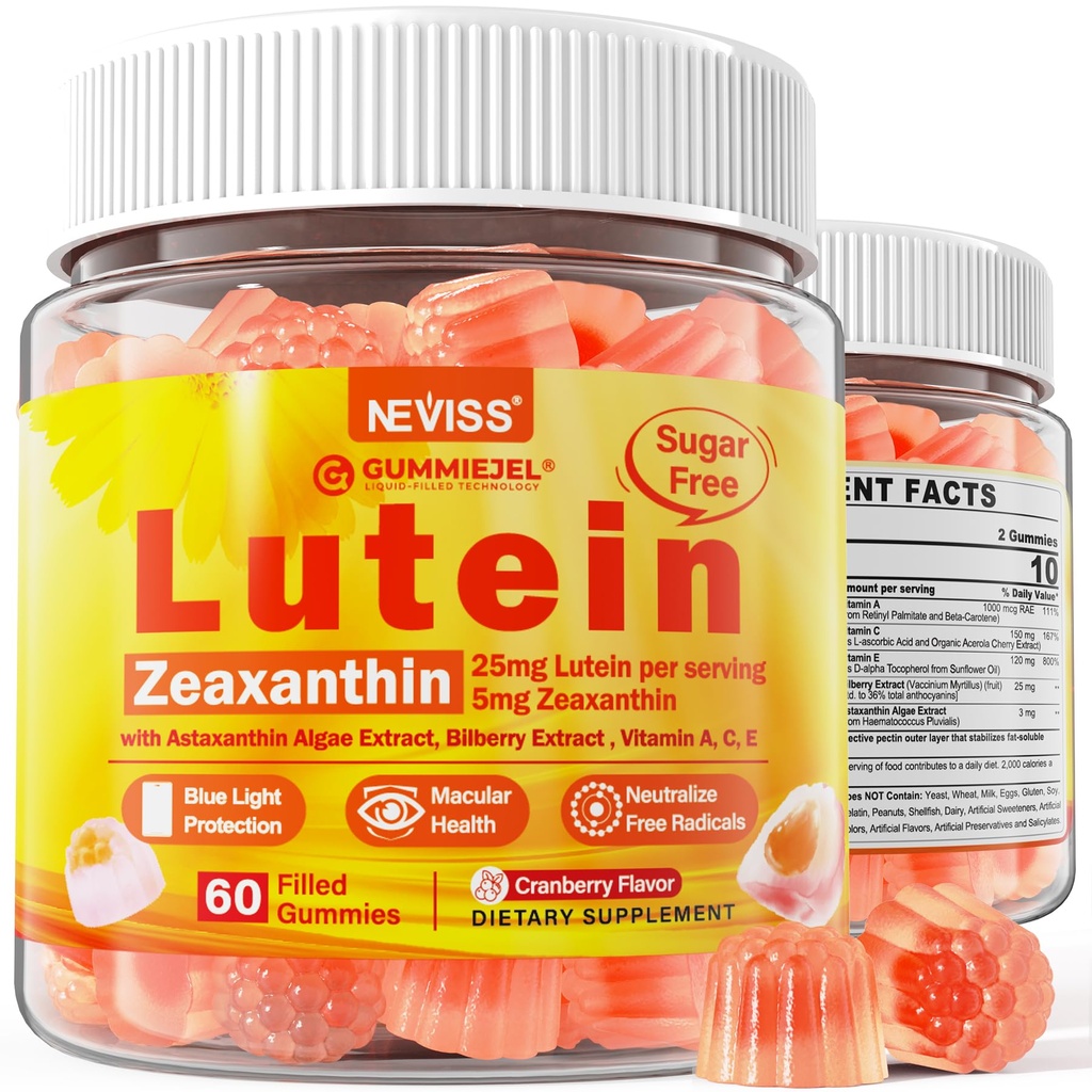 Zucchero-Free Lutein Zeaxanthin Integra Gummies (25mg) Vitamine A, C, E, Bilberry, Astaxanthin - Olio di cocco per un migliore assorbimento - Adulti e adolescenti Vision Health, Strain occhi, Occhi Secchi - Vegan, 60Cts