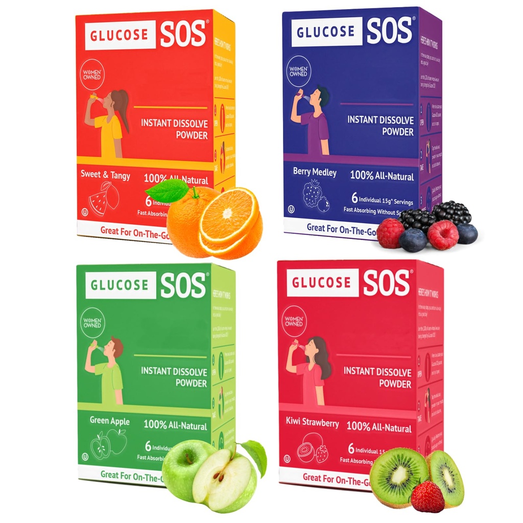 Glucosio SOS Glucose Packets con Dextrose naturale, Fast-Absorption che si dissocia istantaneamente nella vostra bocca senza bisogno d'acqua, 4 Sapore Varietà 24 Serve