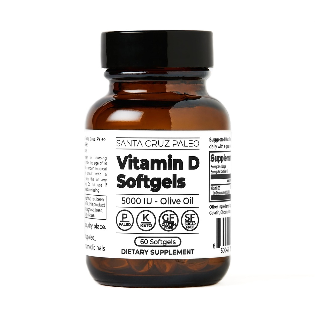 Santa Cruz Paleo Vitamina D Supplemento, Bone Health & Immune Support, 5000 i.u. Per Softgel, Gluten Free, Keto, Sugar Free, Paleo, Vitamina D3, Olio d'oliva per l'assorbimento, Ingredienti naturali, 60 Softgels