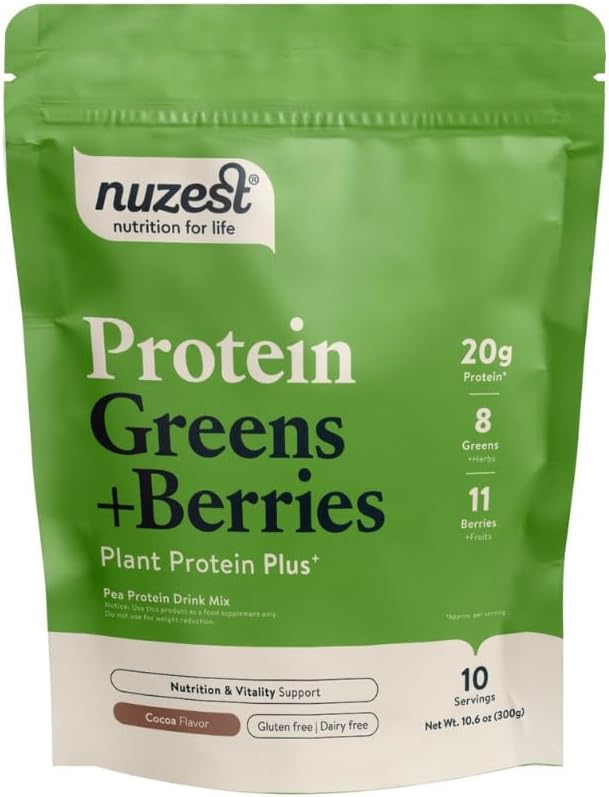Nuzest – Protein Greens + Berries – Superfood Powder – Plant Protein Blend - 300g / 10.6 oz Pouch (10 Serve) (Cocoa, 300g)
