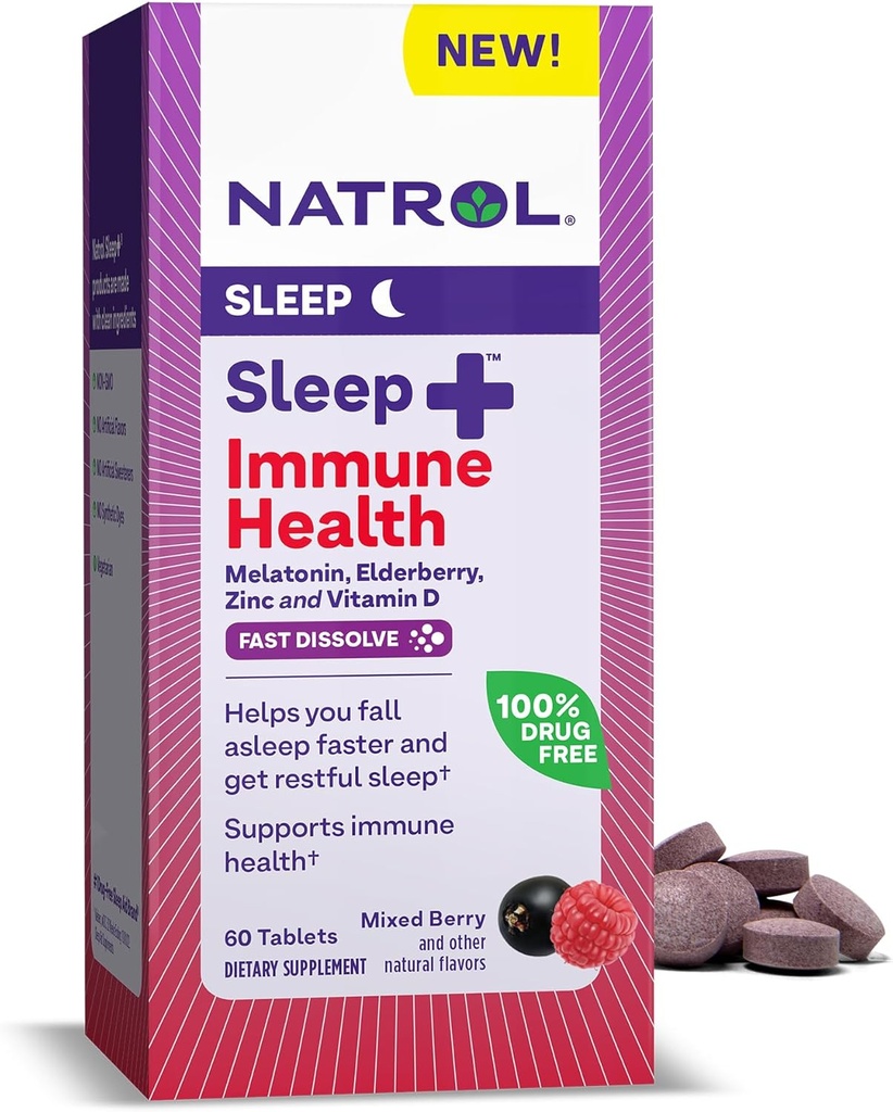 Natrol Sleep + Immune Health Melatonin 6mg con Elderberry, Zinc e Vitamina D, Supplemento dietetico per il sonno riposante e il supporto immunitario, 60 compresse di dissolve rapido aromatizzate a bacca, 60 giorni di alimentazione