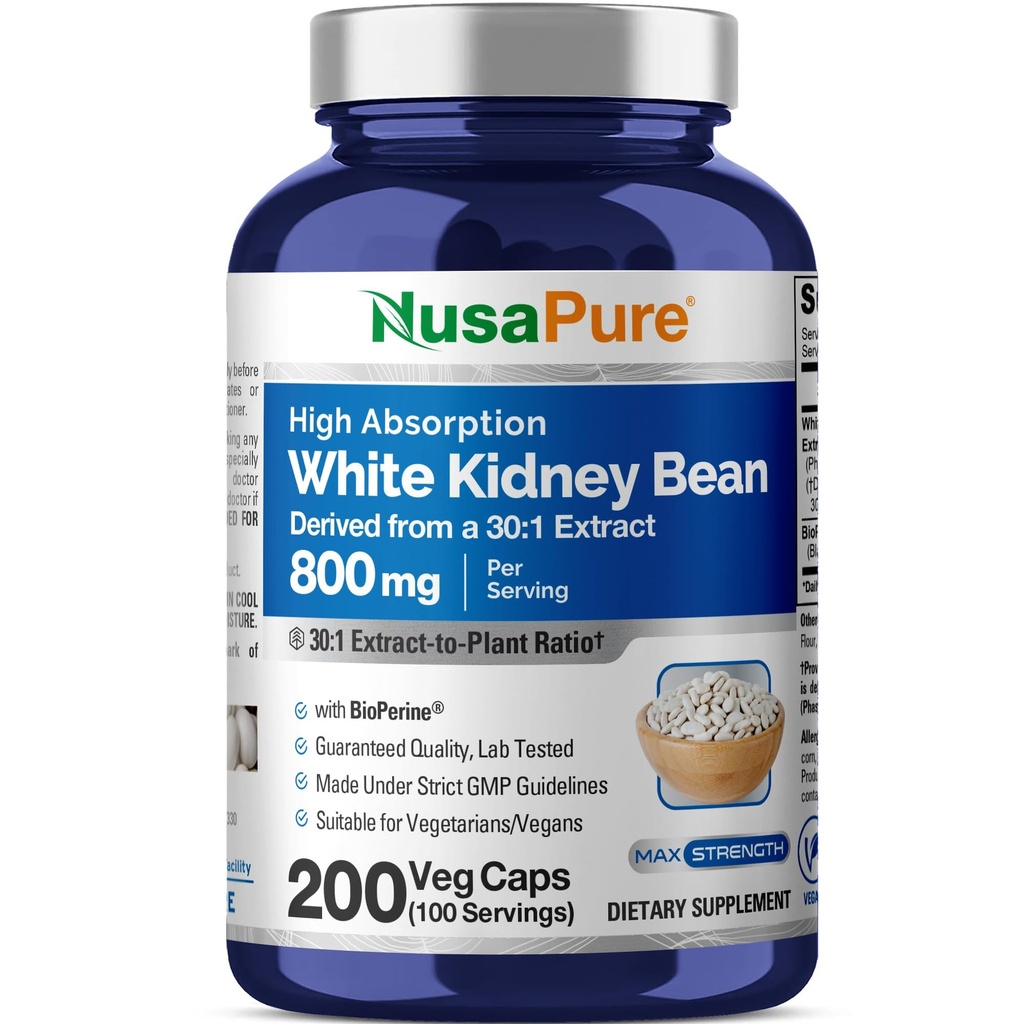 NusaPure White Kidney Beans 30:1 Extract, 800 mg Equivalent a 24,000 mg 200 Vegan Capsule - Bioperine - (Vegan, Non OGM)