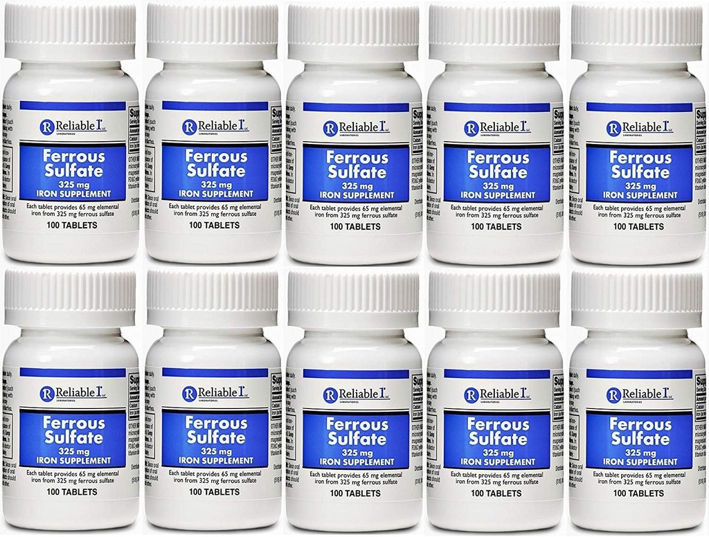 Ferroso Sulfate Iron 325 mg Generico Feosol 100 Tablets PACK di 10