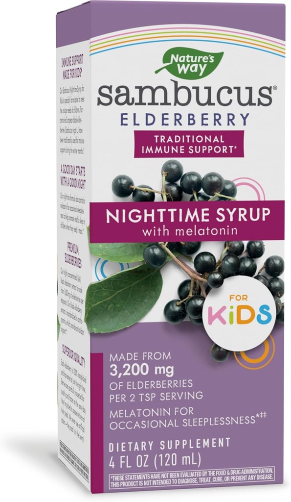 Sciroppo notturno Sambucus Elderberry per bambini con melatonina, supporto immunitario*, 4 Fl Oz