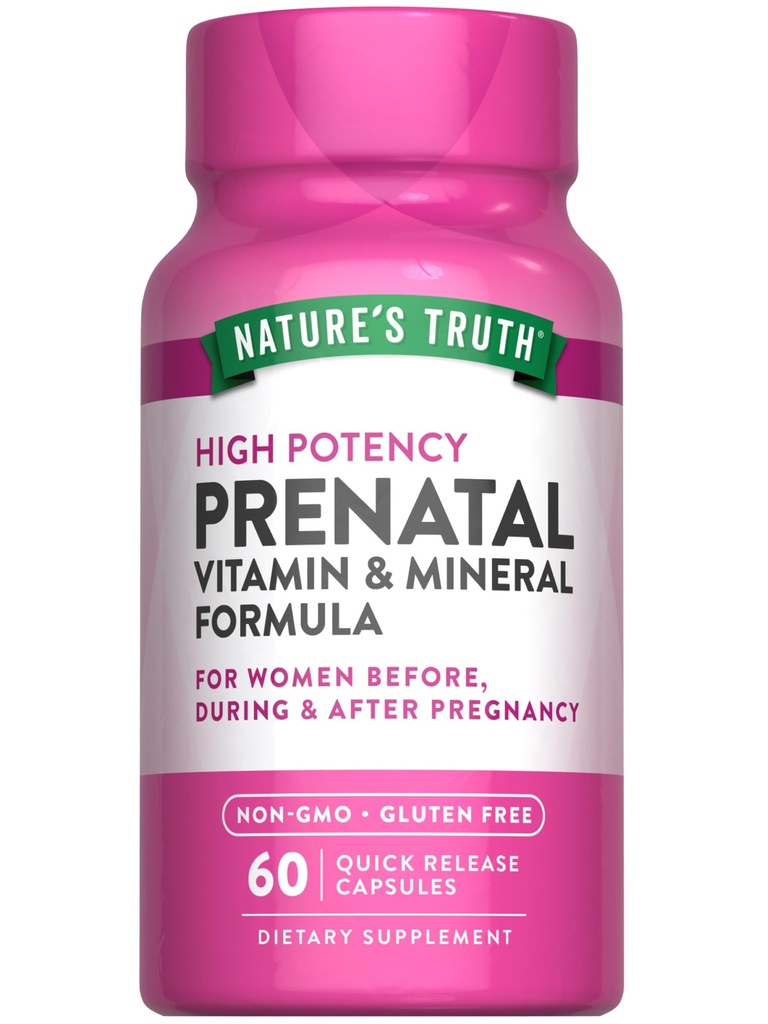 Vitamine prenatali della verità della natura con acido folico | 60 capsule | Supplemento gratuito non OGM & Gluten