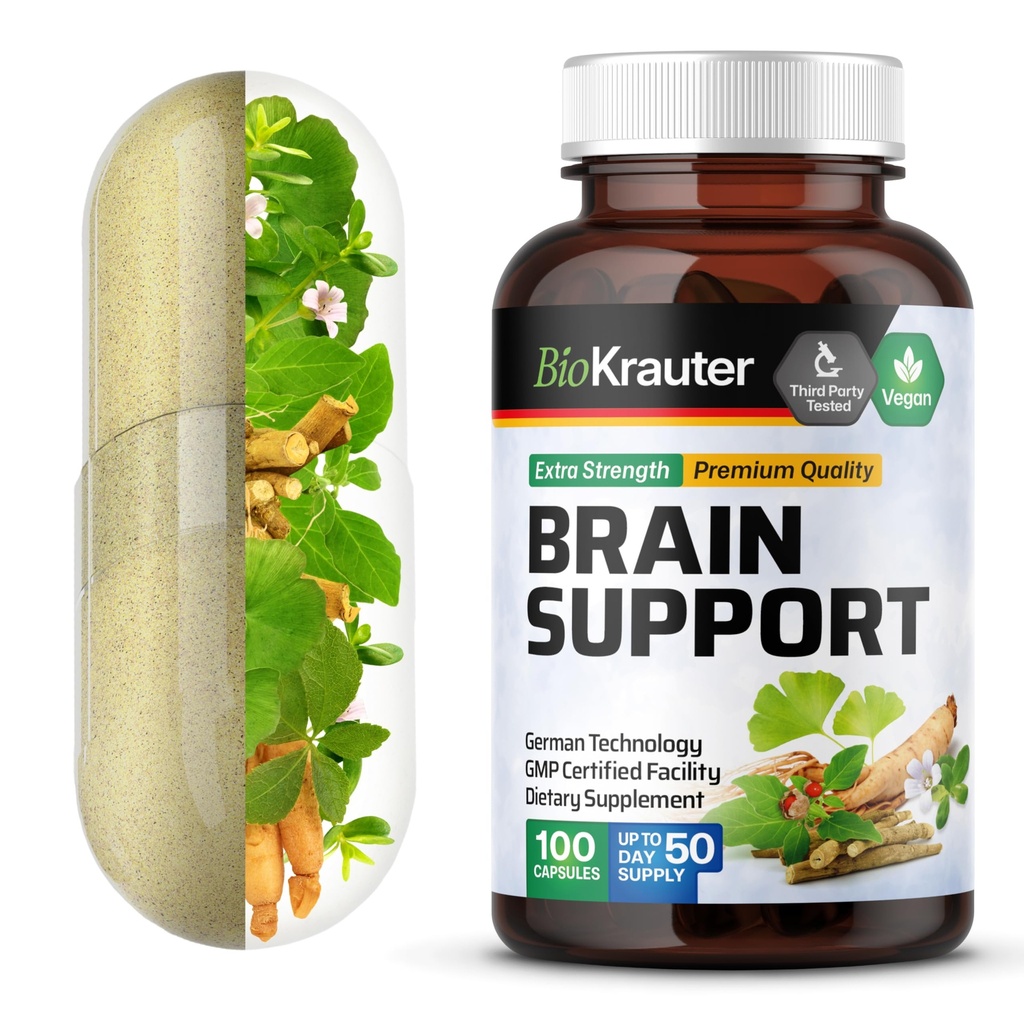 BIO KRAUTER Brain Support Supplemento - 100 Conte - 1300 mg Miscela di Ashwagandha, Panax Ginseng e Ginkgo Biloba - Vegan, No Fillers