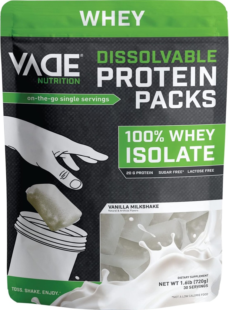 VADE Nutrition Dissolvable Protein Packs - 100% Whey Isolate Protein Powder Vanilla Milkshake - Carbo basso, Calorie basse, Lattosio Libero, Zucchero Libero, Grasso Libero, Gluten Free - 30 Pacchetti per Go