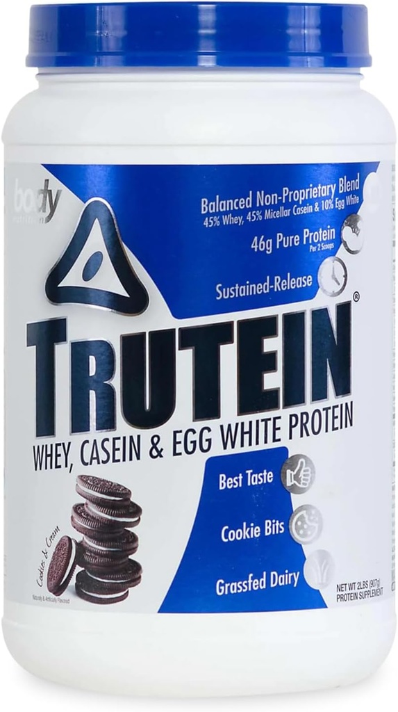 Polvere proteica alta della Truteina del corpo: 45% Whey, 45% Casein, 10% Egg White Protein Shake Mix, Basso Sodio, Polvere a basso contenuto di proteine del carb per gli uomini e le donne, biscotti e crema, 2lb