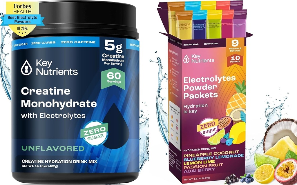KEY NUTRIENTs Creatine Monohydrate & Hydration Packets Bundle – Polvere di creatina micronizzata non aromatizzata (60 Serve) + Imballaggio della polvere dell'elettrolita (10 Serve) – Boost Strength, Hydration & Recovery