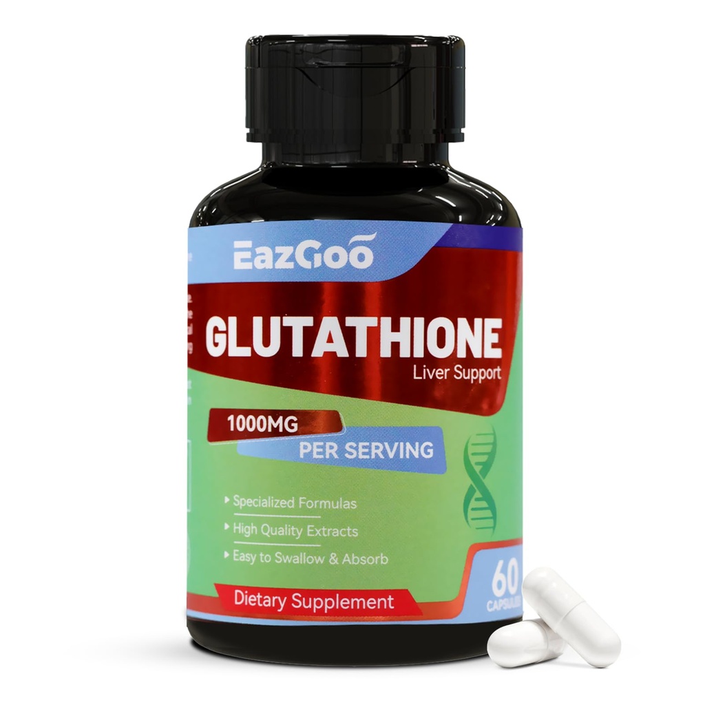 Integratore di Glutathione 1000mg Antiossidante Supplemento - Formula vegana Premium per il supporto immunitario, Risvegliamento della pelle & Detox del fegato – Allergeni-Free, Non OGM, Efficace Boost benessere (60 capsule)