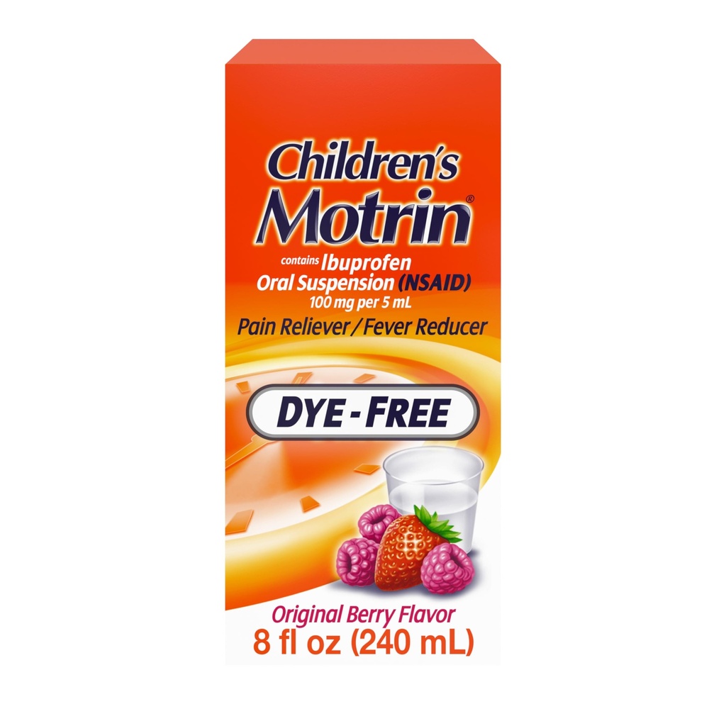 Motrin Sospensione Orale 100mg Ibuprofene Medicina, NSAID Fever Riduttore & Dolore per Minori Aches & Pains A causa di Freddo & Flu, Dye Free, Alcol-Free, Aroma di bacche, 8 fl. oz