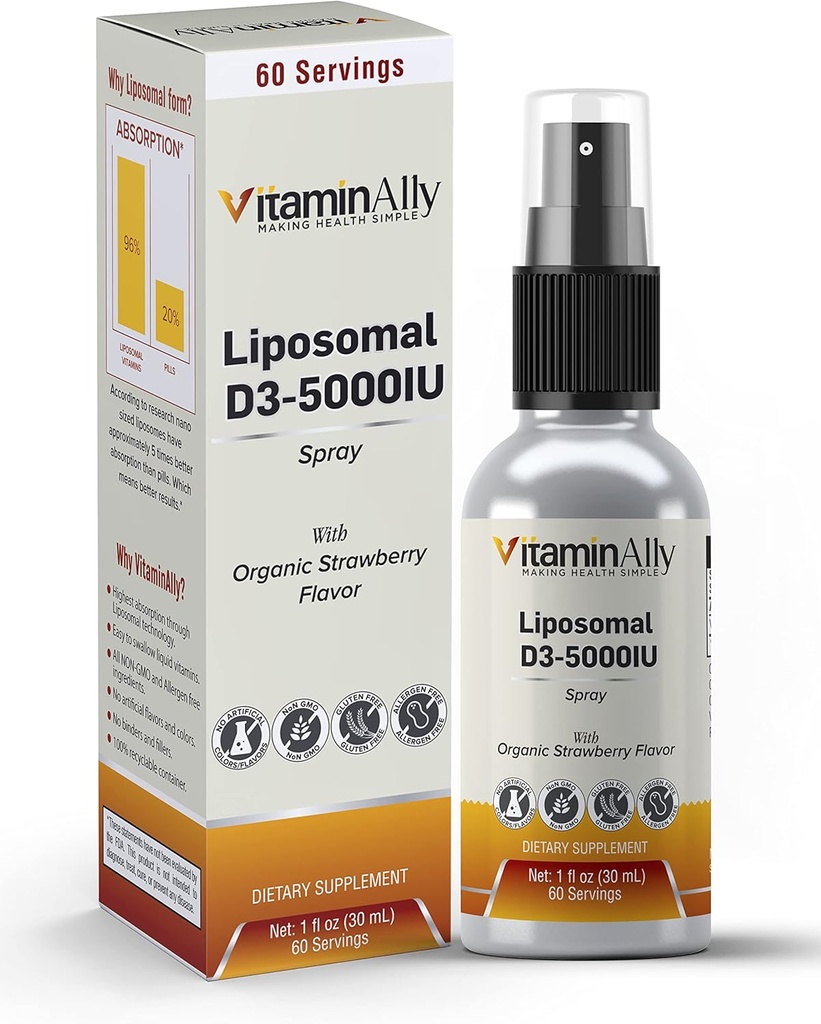Liposomal Liquid Vitamina D3-5000IU Spray | 2 mesi di alimentazione |1 fl oz | Non-GMO | Zucchero Free| Gluten Free | Viaggi Friendly | Supporti Bone Salute, Sistema immunitario e Mood sano
