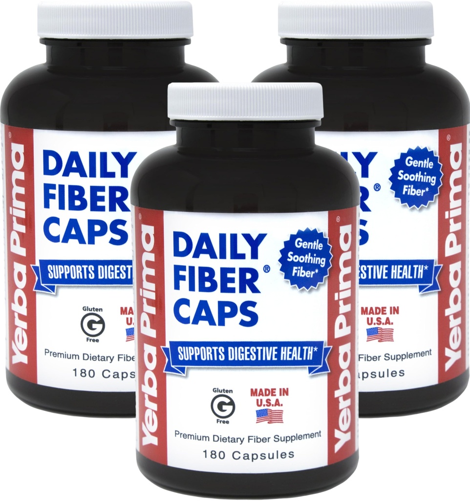 Yerba Prima Daily Fiber Capsules, 180 Caps (Pack of 3) - Soluble Dietary Fiber Supplement - Colon Cleanse - Gut Health - Constipation Relief, Vegan, Non-GMO, Senza glutine