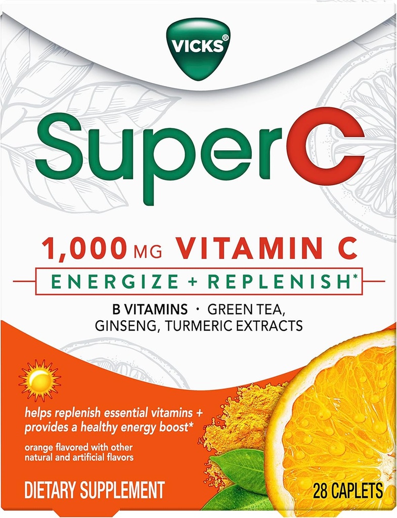 Vicks Super C Energize + Replenish Daytime Integratore alimentare con Vitamina C, Vitamine B, Tè Verde, Ginseng e Estratti Turmeri per aiutare a ricostituire vitamine essenziali*, 28 Caplets