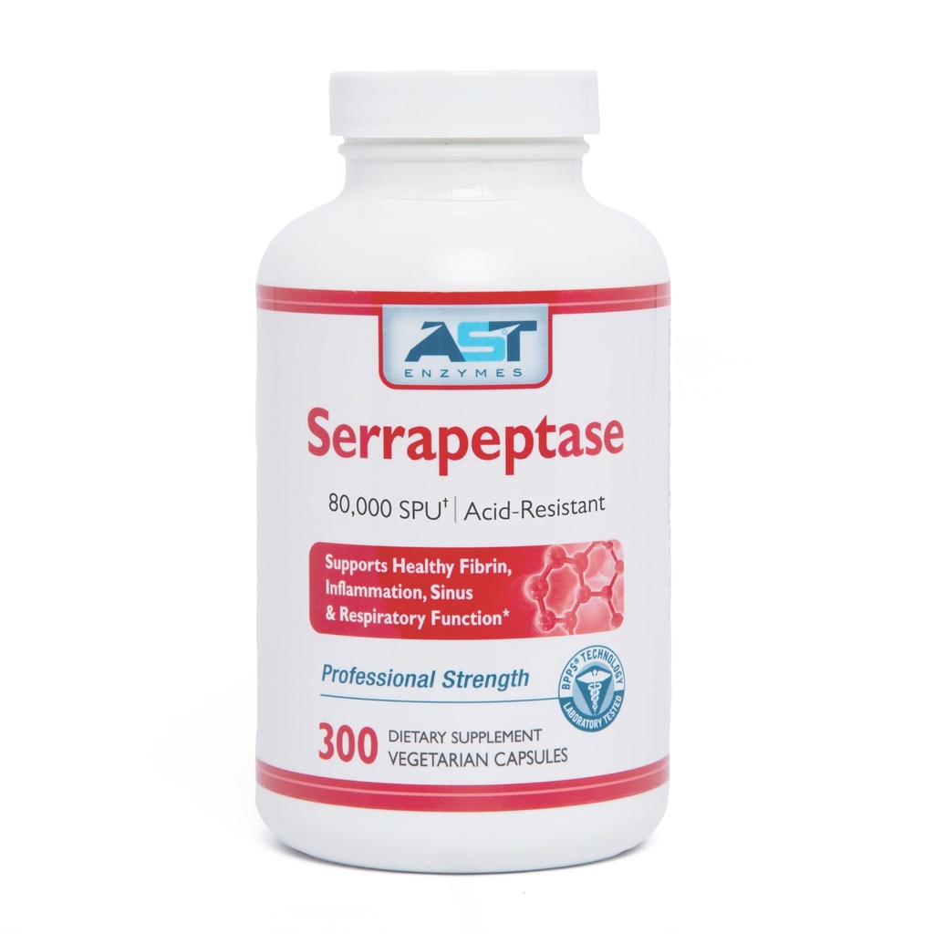AST Enzymes Serrapeptase 80,000 SPU – 300 capsule vegetariane - Enzimi sistemici naturali Premium – Serrapeptase acid-resistant