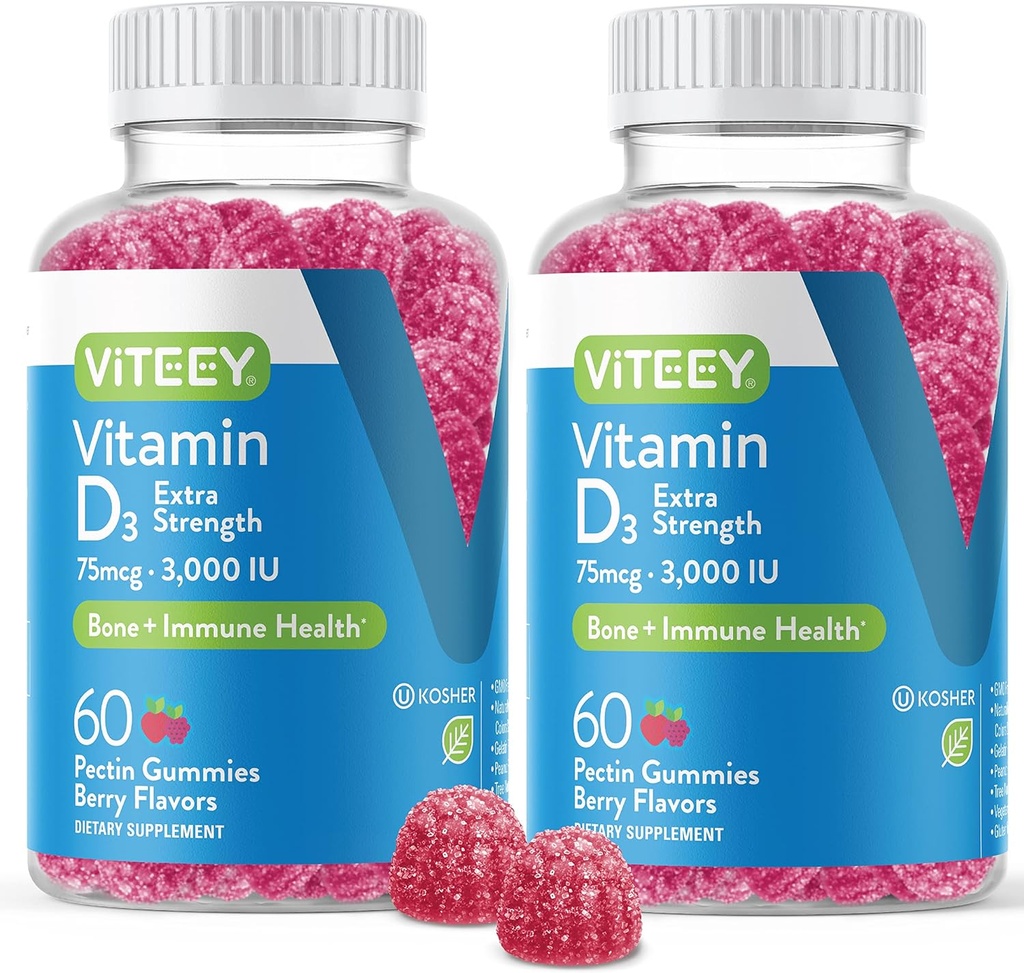 Vitamina D3 Gummies per adulti e adolescenti - 3.000 UI, 75mcg, Extra Forza - Joint & Muscle Health, Immune Boost - Chewable Vitamin D Gummies - Vegetariano, Gelatin Free - Tasty Berry Gummie aromatizzate