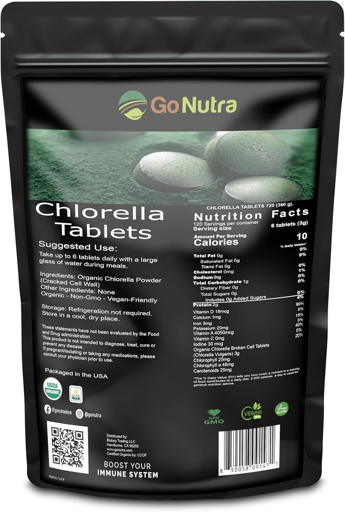 Organic Chlorella Tablets Broken Cell, 3000mg Per Serving,1000 compresse - Superfoods Ricco di minerali, vitamine, clorofilla, aminoacidi, acidi grassi, fibre e proteine, non OGM & Vegan Friendly