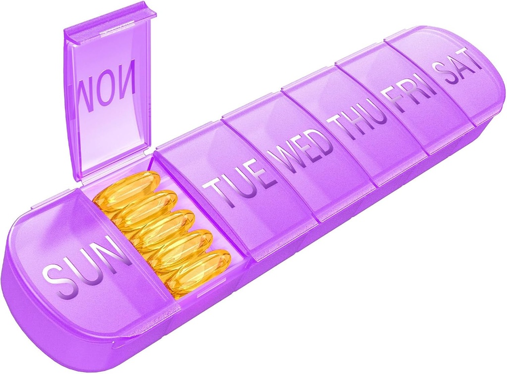 Organizzatore di pillole settimanali 1 volta al giorno, scatola di pedaggio di viaggio 7 giorni Extra grandi scomparti di vitamina Holder, contenitore giornaliero di pillole 7day XL Dispenser di medicina per la cassa dell'olio di pesce (Purple)