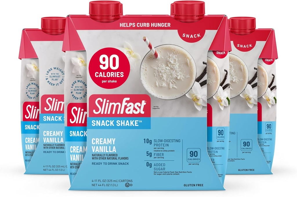 SlimFast Snack Shake, 90 Calorie Fiber Shake, Pronto per Bere, Protein Drink, Crema Vanilla, 12 Conte