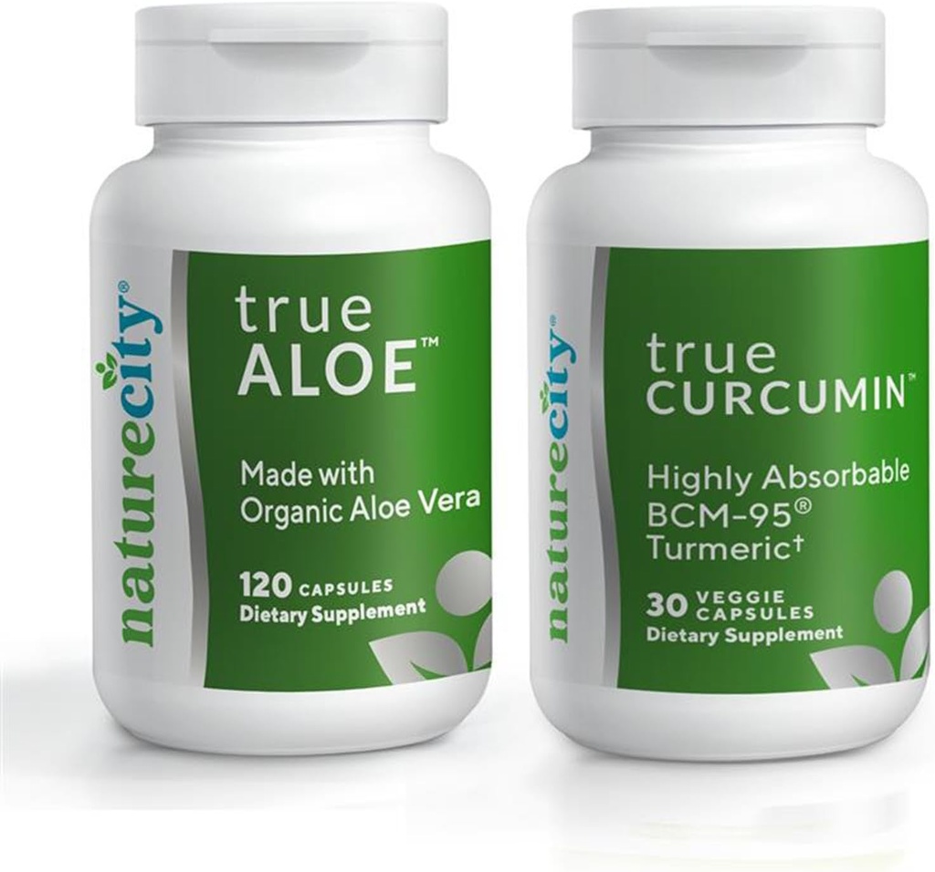 NatureCity Joint Support Bundle| True-Aloe Realizzato con AloeVera Organica, 120 capsule + True-Curcumin con 500mg di Curcumina BCM-95 altamente assorbibile + Olio Esssenziali Turmeri, 30 capsule