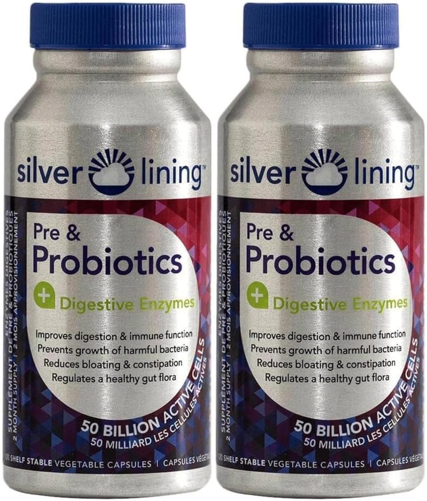 Silver Lining Pre & Probiotics + Enzimi Digestivi | 50 miliardi di celle CFU/Active | Supporto Funzione Digestiva e Immune, riduce Bloating | Shelf-Stable Formula | 240 Conteggio (Pack of 2)