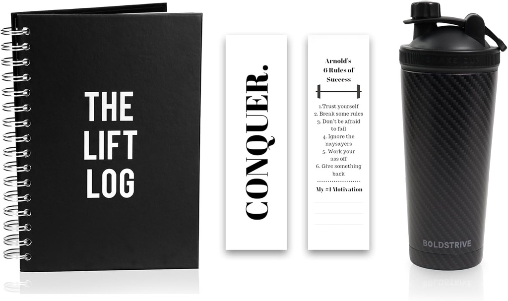 Bottiglia di Shaker di proteine dell'acciaio inossidabile, Bottiglia di acqua isolata con Black Carbon Fiber Wrap & Workout Journal con Segnalibro – 6 mesi Undated Daily Fitness Journal